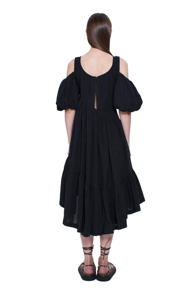 Asymmetric Open Shoulder Flare Hem Dress