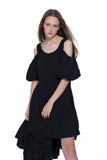 Asymmetric Open Shoulder Flare Hem Dress