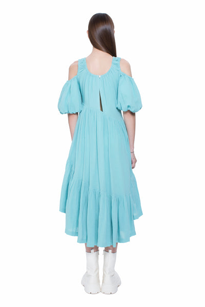 Asymmetric Open Shoulder Flare Hem Dress