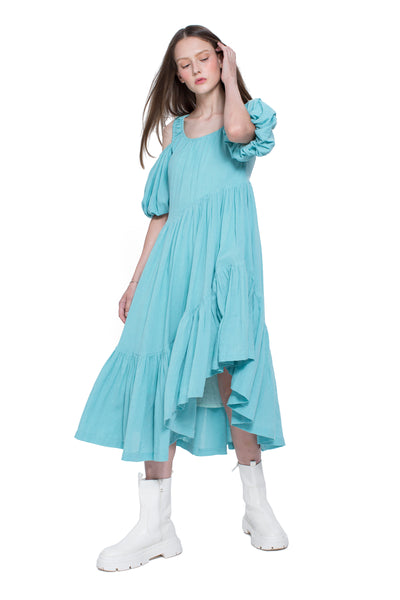 Asymmetric Open Shoulder Flare Hem Dress