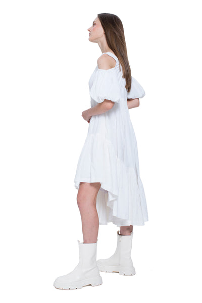 Asymmetric Open Shoulder Flare Hem Dress