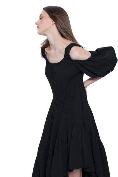 Asymmetric Open Shoulder Flare Hem Dress